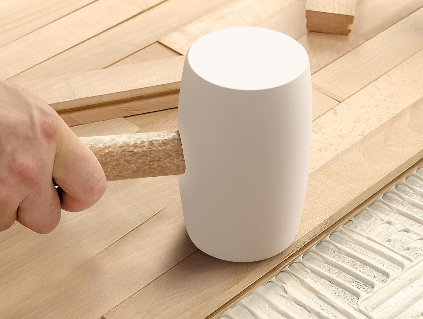 DURI | Rubber Mallet for Marble and Tile Installation, 24 Oz (680g), Soft Rubber Hammer with Hickory Handle and Soft Face, White